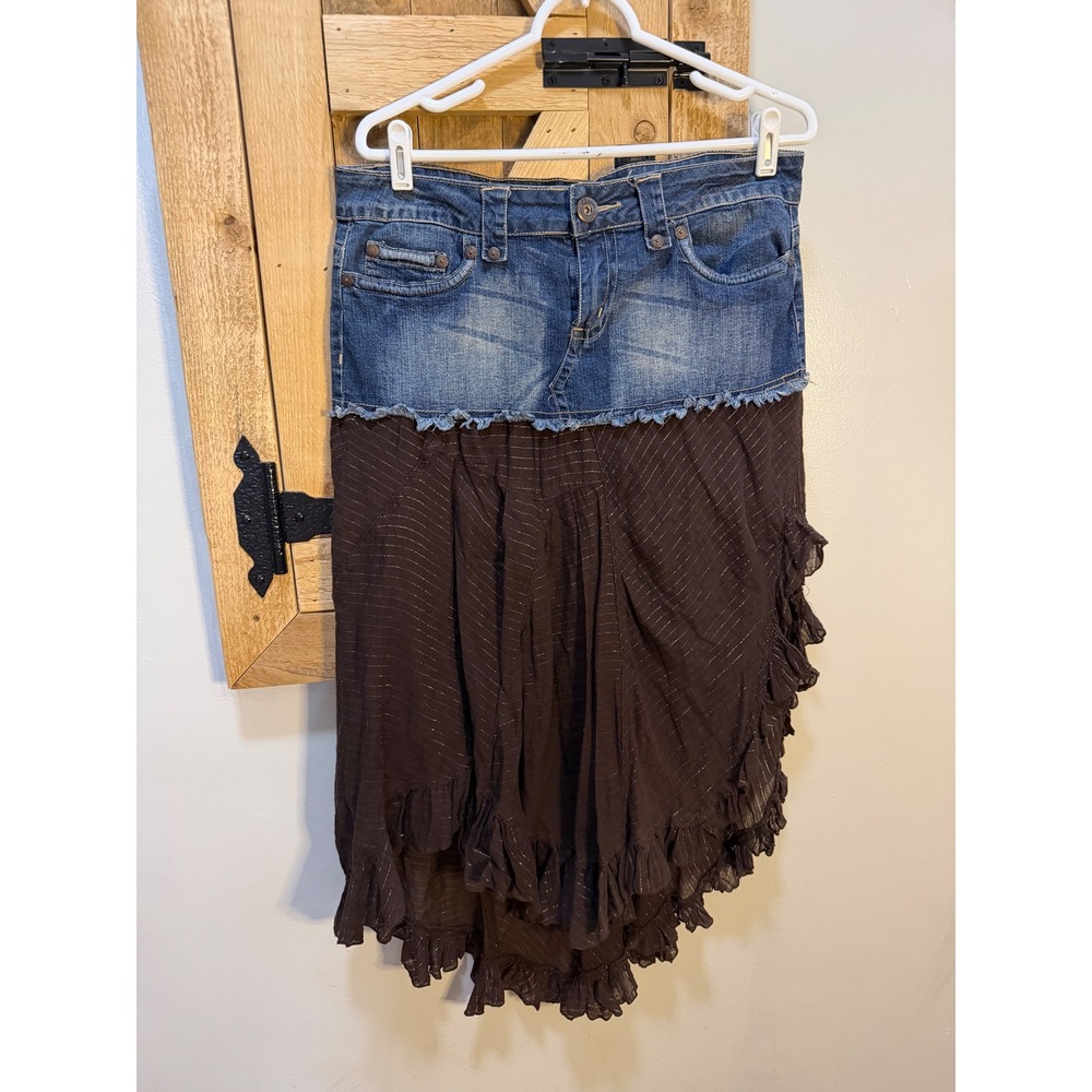 Candies Y2K Denim Mixed Media High Low Skirt Brown Gold Embroidery Boho Size 11